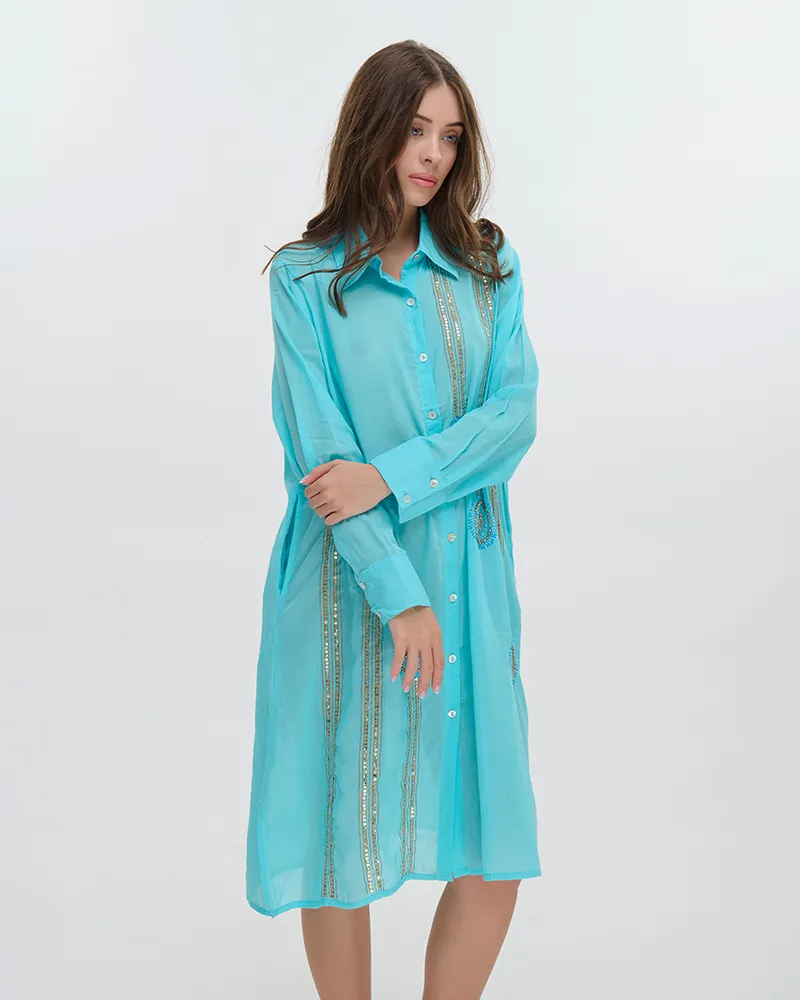 ΠΟΥΚΑΜΙΣΑ ΜΑΚΡΙΑ ΜΕ ΜΑΚΡΥ ΜΑΝΙΚΙ ΓΑΛΑΖΙΑ ΜΕ ΧΡΥΣΕΣ ΛΕΠΤΟΜΕΡΕΙΕΣ ONE SIZE (100% COTTON)