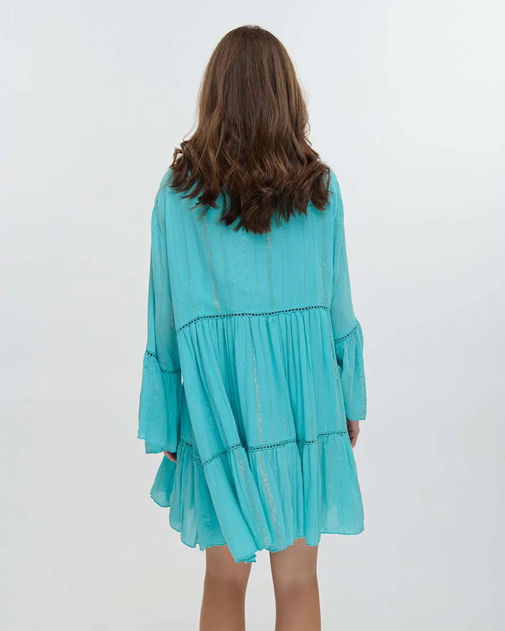 ΦΟΡΕΜΑ ΚΟΝΤΟ ΜΕ ΜΑΚΡΥ ΜΑΝΙΚΙ ΜΠΛΕ ΑΠΑΛΟ ΜΕ ΧΡΥΣΕΣ ΛΕΠΤΟΜΕΡΕΙΕΣ ONE SIZE (100% COTTON)