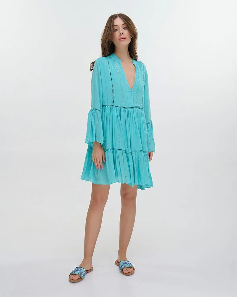 ΦΟΡΕΜΑ ΚΟΝΤΟ ΜΕ ΜΑΚΡΥ ΜΑΝΙΚΙ ΜΠΛΕ ΑΠΑΛΟ ΜΕ ΧΡΥΣΕΣ ΛΕΠΤΟΜΕΡΕΙΕΣ ONE SIZE (100% COTTON)