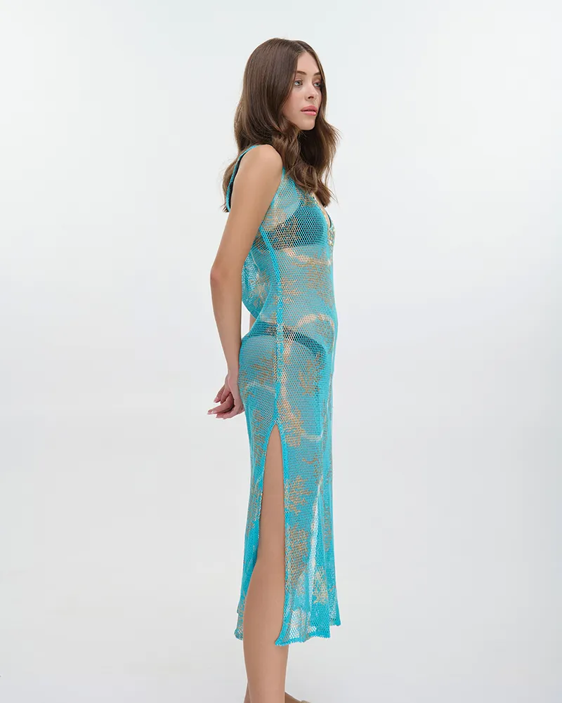 ΚΑΦΤΑΝΙ ΜΑΚΡΥ ΑΜΑΝΙΚΟ ΔΙΑΤΡΗΤΟ ΜΠΛΕ ΜΕ ΧΡΥΣΕΣ ΛΕΠΤΟΜΕΡΕΙΕΣ ONE SIZE (100% COTTON)