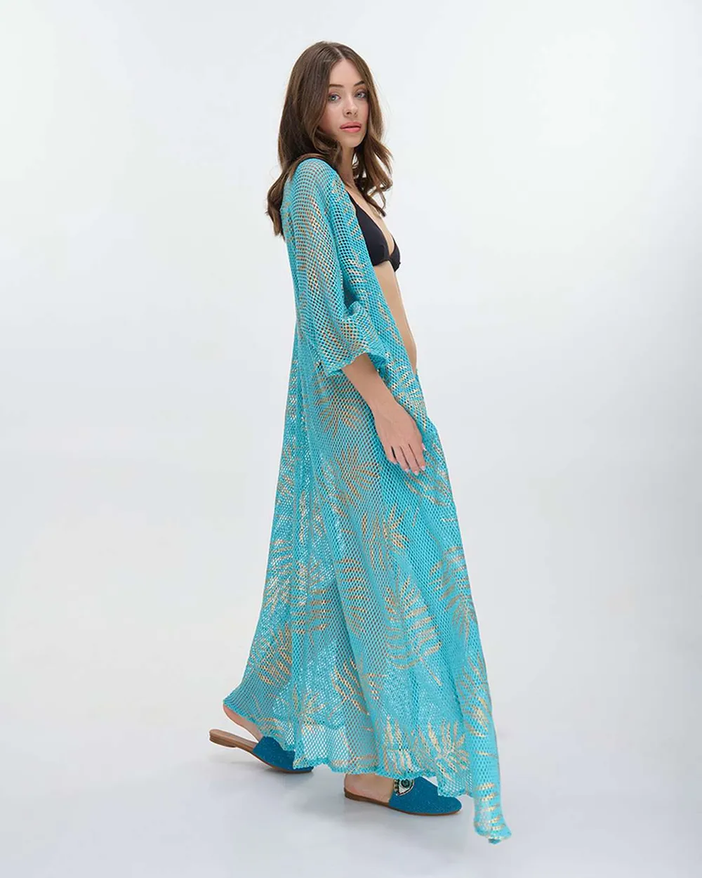 ΚΑΦΤΑΝΙ ΜΑΚΡΥ ΜΕ ΜΑΚΡΥ ΜΑΝΙΚΙ ΔΙΑΤΡΗΤΟ ΜΠΛΕ ΜΕ ΧΡΥΣΑ ΦΥΛΛΑ ONE SIZE (100% COTTON)