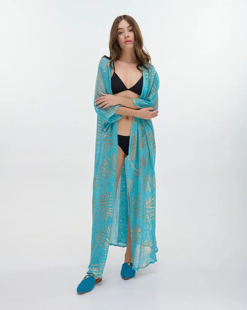 ΚΑΦΤΑΝΙ ΜΑΚΡΥ ΜΕ ΜΑΚΡΥ ΜΑΝΙΚΙ ΔΙΑΤΡΗΤΟ ΜΠΛΕ ΜΕ ΧΡΥΣΑ ΦΥΛΛΑ ONE SIZE (100% COTTON)