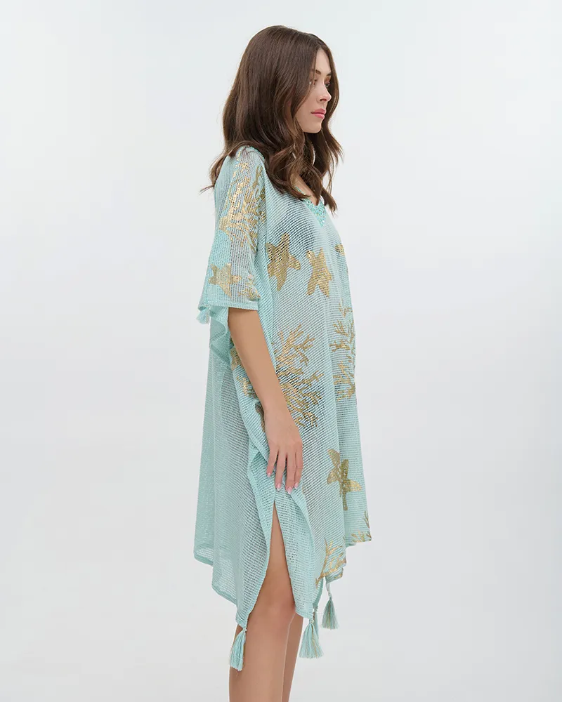 ΚΑΦΤΑΝΙ ΜΑΚΡΥ ΔΙΑΤΡΗΤΟ ΜΕ ΜΑΚΡΥ ΜΑΝΙΚΙ ΓΑΛΑΖΙΟ ΑΠΑΛΟ ΜΕ ΧΡΥΣΕΣ ΛΕΠΤΟΜΕΡΕΙΕΣ ONE SIZE (100% COTTON)