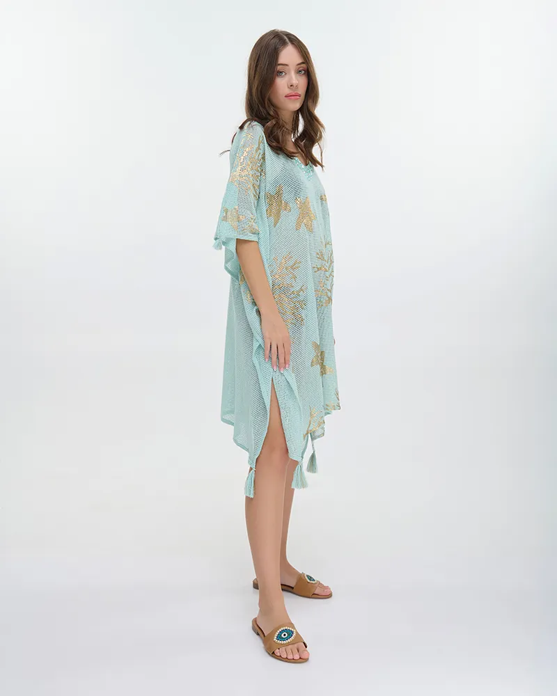 ΚΑΦΤΑΝΙ ΜΑΚΡΥ ΔΙΑΤΡΗΤΟ ΜΕ ΜΑΚΡΥ ΜΑΝΙΚΙ ΓΑΛΑΖΙΟ ΑΠΑΛΟ ΜΕ ΧΡΥΣΕΣ ΛΕΠΤΟΜΕΡΕΙΕΣ ONE SIZE (100% COTTON)