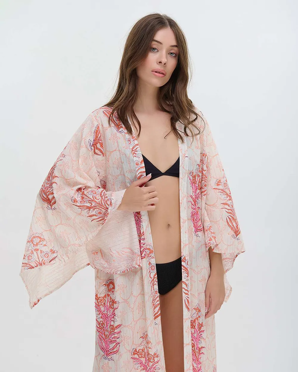 ΚΙΜΟΝΟ ΜΑΚΡΥ ΜΕ ΜΑΚΡΥ ΜΑΝΙΚΙ ΡΟΖ/ΜΠΕΖ ΜΕ ΚΟΡΑΛΙΑ ONE SIZE (100% COTTON)