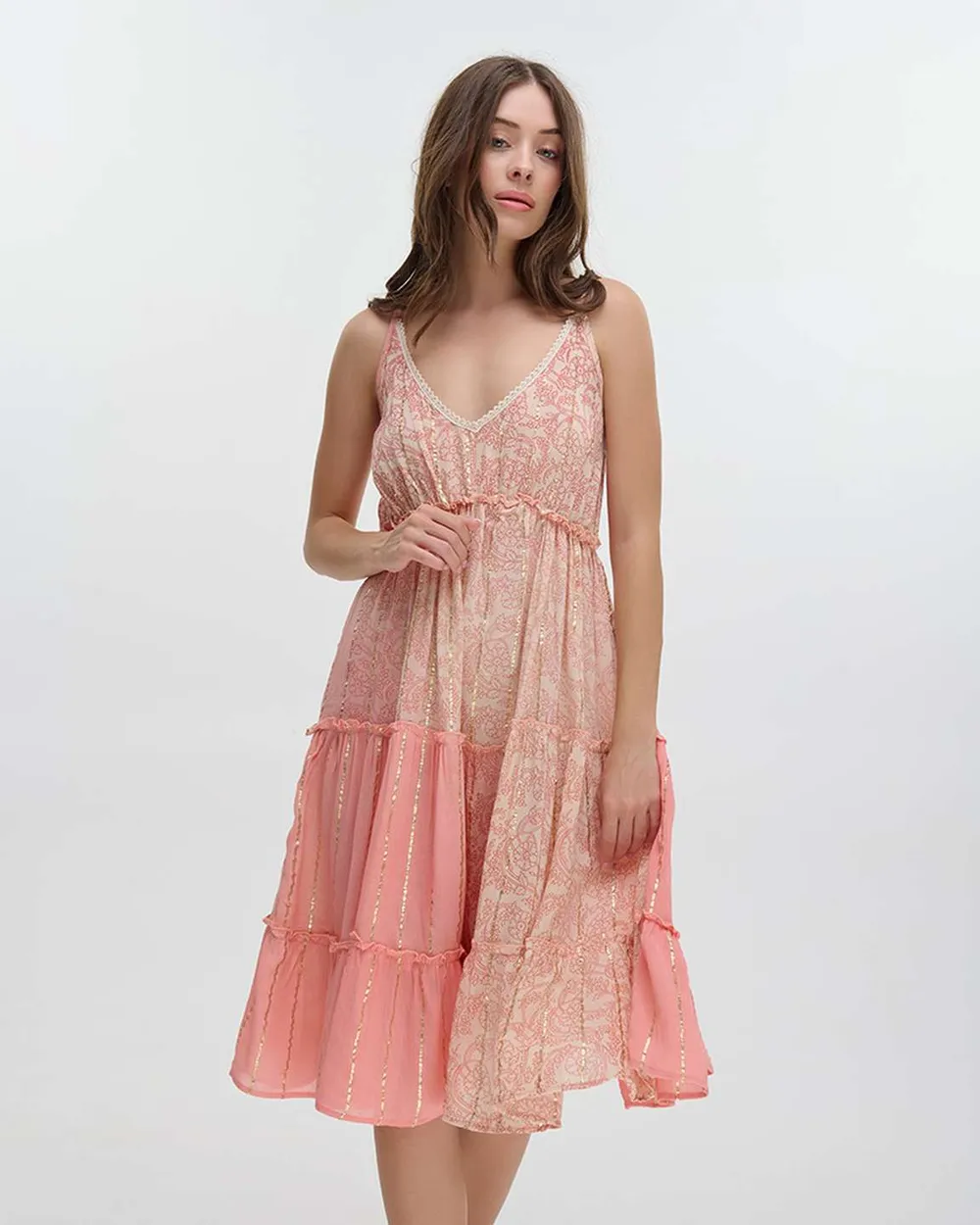 ΦΟΡΕΜΑ ΚΟΝΤΟ ΑΜΑΝΙΚΟ ΡΟΖ/ΜΠΕΖ ΜΕ ΧΡΥΣΕΣ ΛΕΠΤΟΜΕΡΕΙΕΣ ONE SIZE (100% COTTON)