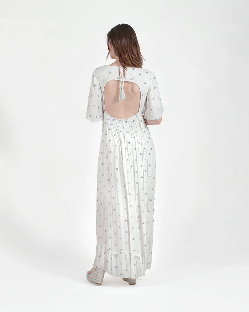 ΦΟΡΕΜΑ ΜΑΚΡΥ ΜΕ 3/4 ΜΑΝΙΚΙ ΛΕΥΚΟ ΜΕ ΑΣΗΜΙ ΛΕΠΤΟΜΕΡΕΙΕΣ ONE SIZE (100% VISCOSE)