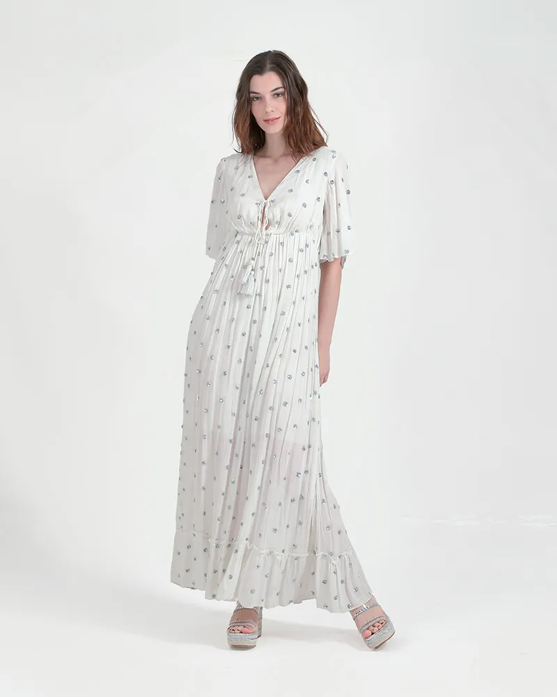 ΦΟΡΕΜΑ ΜΑΚΡΥ ΜΕ 3/4 ΜΑΝΙΚΙ ΛΕΥΚΟ ΜΕ ΑΣΗΜΙ ΛΕΠΤΟΜΕΡΕΙΕΣ ONE SIZE (100% VISCOSE)