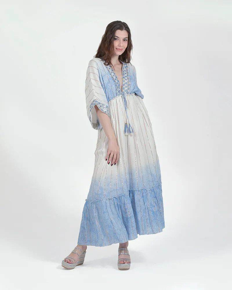 ΦΟΡΕΜΑ ΜΑΚΡΥ ΜΕ ΜΑΚΡΥ ΜΑΝΙΚΙ ΛΕΥΚΟ/ΜΠΛΕ ΜΕ ΧΡΥΣΕΣ ΛΕΠΤΟΜΕΡΕΙΕΣ ONE SIZE (100% VISCOSE)