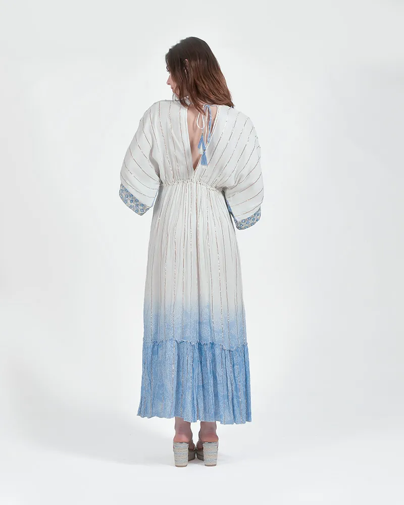 ΦΟΡΕΜΑ ΜΑΚΡΥ ΜΕ ΜΑΚΡΥ ΜΑΝΙΚΙ ΛΕΥΚΟ/ΜΠΛΕ ΜΕ ΧΡΥΣΕΣ ΛΕΠΤΟΜΕΡΕΙΕΣ ONE SIZE (100% VISCOSE)