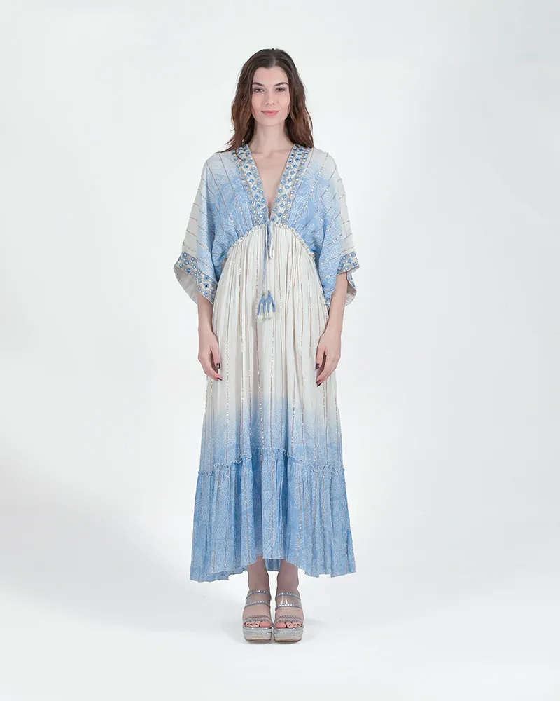 ΦΟΡΕΜΑ ΜΑΚΡΥ ΜΕ ΜΑΚΡΥ ΜΑΝΙΚΙ ΛΕΥΚΟ/ΜΠΛΕ ΜΕ ΧΡΥΣΕΣ ΛΕΠΤΟΜΕΡΕΙΕΣ ONE SIZE (100% VISCOSE)