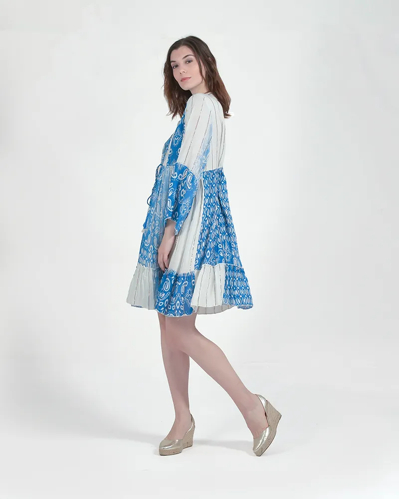 ΦΟΡΕΜΑ ΚΟΝΤΟ ΜΕ ΚΟΝΤΟ ΜΑΝΙΚΙ ΛΕΥΚΟ/ΓΑΛΑΖΙΟ ONE SIZE (100% VISCOSE)