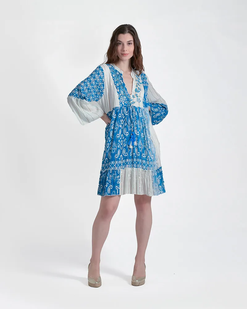 ΦΟΡΕΜΑ ΚΟΝΤΟ ΜΕ ΚΟΝΤΟ ΜΑΝΙΚΙ ΛΕΥΚΟ/ΓΑΛΑΖΙΟ ONE SIZE (100% VISCOSE)