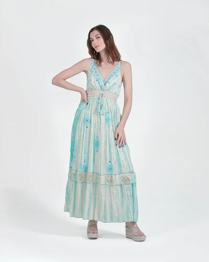 ΦΟΡΕΜΑ ΜΑΚΡΥ ΑΜΑΝΙΚΟ ΛΕΥΚΟ/ΤΙΡΚΟΥΑΖ ONE SIZE (100% VISCOSE)