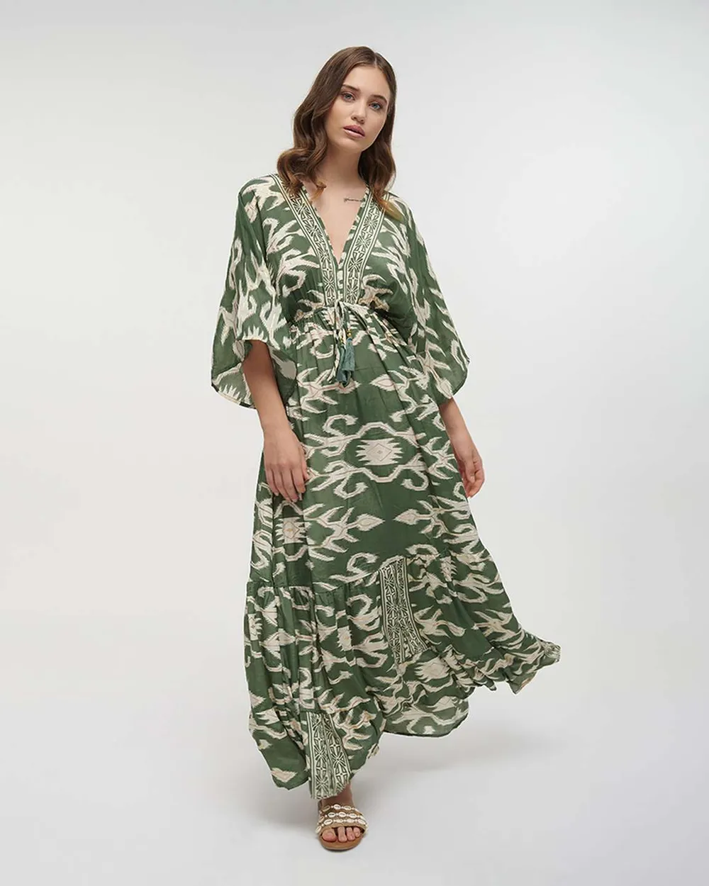 ΦΟΡΕΜΑ ΜΑΚΡΥ 3/4  ΠΡΑΣΙΝΟ/ΛΕΥΚΟ ONE SIZE (70% SILK 30% POLYESTER)