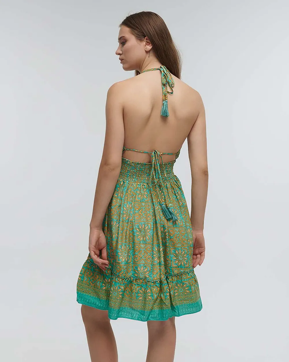 ΦΟΡΕΜΑ ΚΟΝΤΟ ΚΙΤΡΙΝΟ/ΤΙΡΚΟΥΑΖ ONE SIZE (70% SILK 30% POLYESTER)