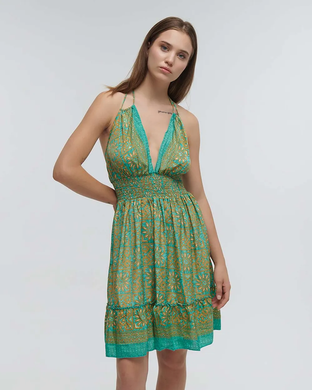 ΦΟΡΕΜΑ ΚΟΝΤΟ ΚΙΤΡΙΝΟ/ΤΙΡΚΟΥΑΖ ONE SIZE (70% SILK 30% POLYESTER)