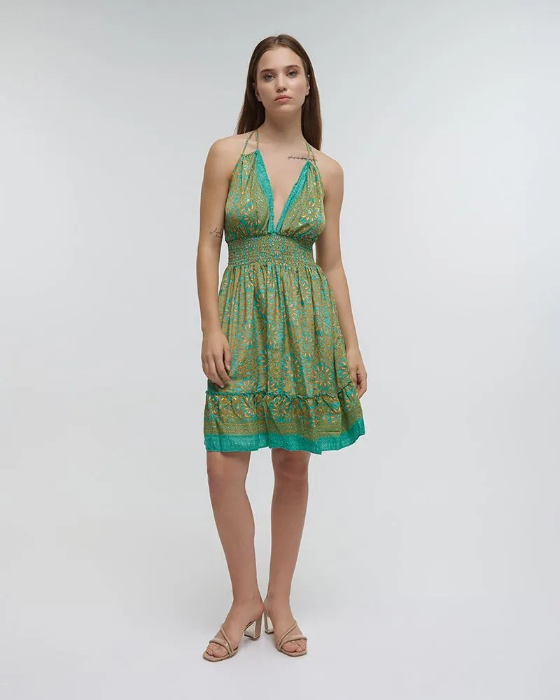 ΦΟΡΕΜΑ ΚΟΝΤΟ ΚΙΤΡΙΝΟ/ΤΙΡΚΟΥΑΖ ONE SIZE (70% SILK 30% POLYESTER)