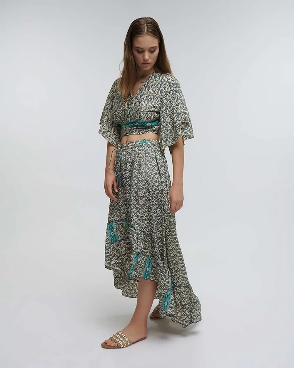 S/2 ΤΟΠ ΚΑΙ ΦΟΥΣΤΑ ΜΑΚΡΙΑ ΛΕΥΚΗ/ΓΑΛΑΖΙΑ ONE SIZE (70% SILK 30% POLYESTER)