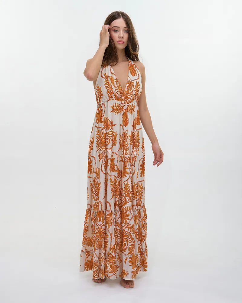 ΦΟΡΕΜΑ ΜΑΚΡΥ ΕΞΩΠΛΑΤΟ ΛΕΥΚΟ/ΠΟΡΤΟΚΑΛΙ ONE SIZE (70% SILK 30% POLYESTER)