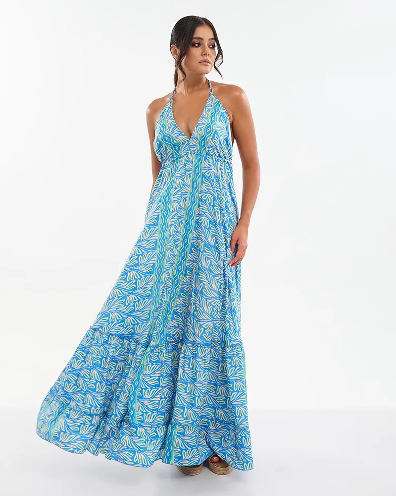 ΦΟΡΕΜΑ ΜΑΚΡΥ ΜΠΛΕ/ΕΚΡΟΥ ΜΕ ΤΥΡΚΟΥΑΖ/ΠΡΑΣΙΝΕΣ ΛΕΠΤΟΜΕΡΕΙΕΣ ONE SIZE (70% SILK 30% POLYESTER)