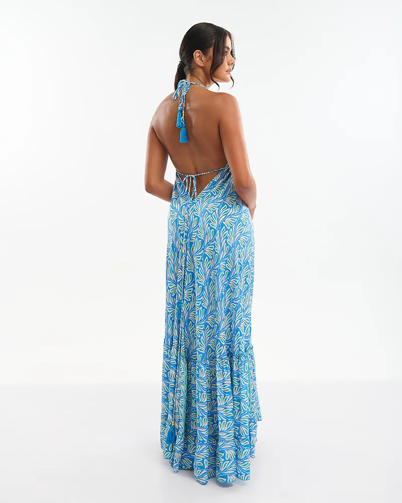 ΦΟΡΕΜΑ ΜΑΚΡΥ ΜΠΛΕ/ΕΚΡΟΥ ΜΕ ΤΥΡΚΟΥΑΖ/ΠΡΑΣΙΝΕΣ ΛΕΠΤΟΜΕΡΕΙΕΣ ONE SIZE (70% SILK 30% POLYESTER)