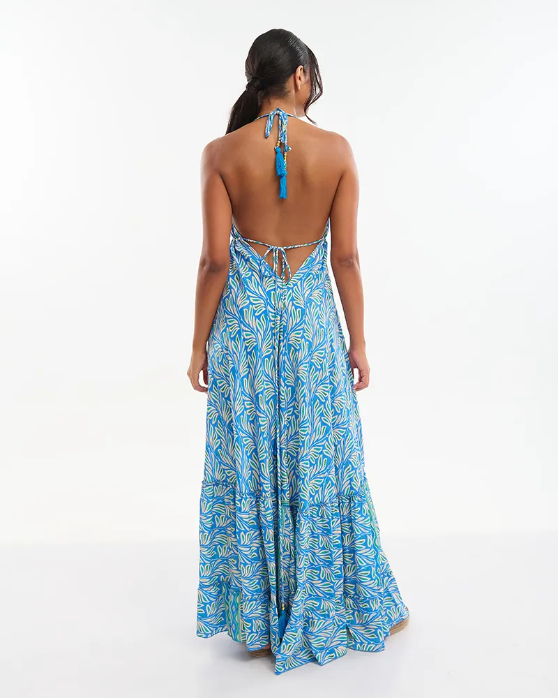 ΦΟΡΕΜΑ ΜΑΚΡΥ ΜΠΛΕ/ΕΚΡΟΥ ΜΕ ΤΥΡΚΟΥΑΖ/ΠΡΑΣΙΝΕΣ ΛΕΠΤΟΜΕΡΕΙΕΣ ONE SIZE (70% SILK 30% POLYESTER)