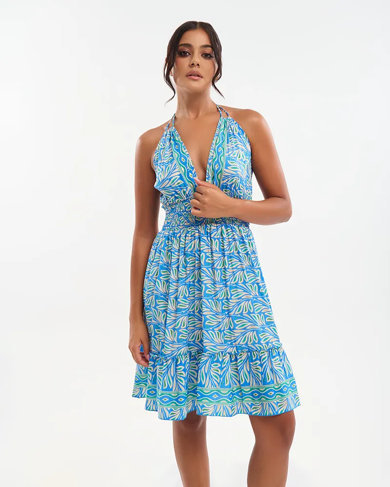 ΦΟΡΕΜΑ ΚΟΝΤΟ  ΜΠΛΕ/ΕΚΡΟΥ ΜΕ ΤΥΡΚΟΥΑΖ/ΠΡΑΣΙΝΕΣ ΛΕΠΤΟΜΕΡΕΙΕΣ ONE SIZE (70% SILK 30% POLYESTER)