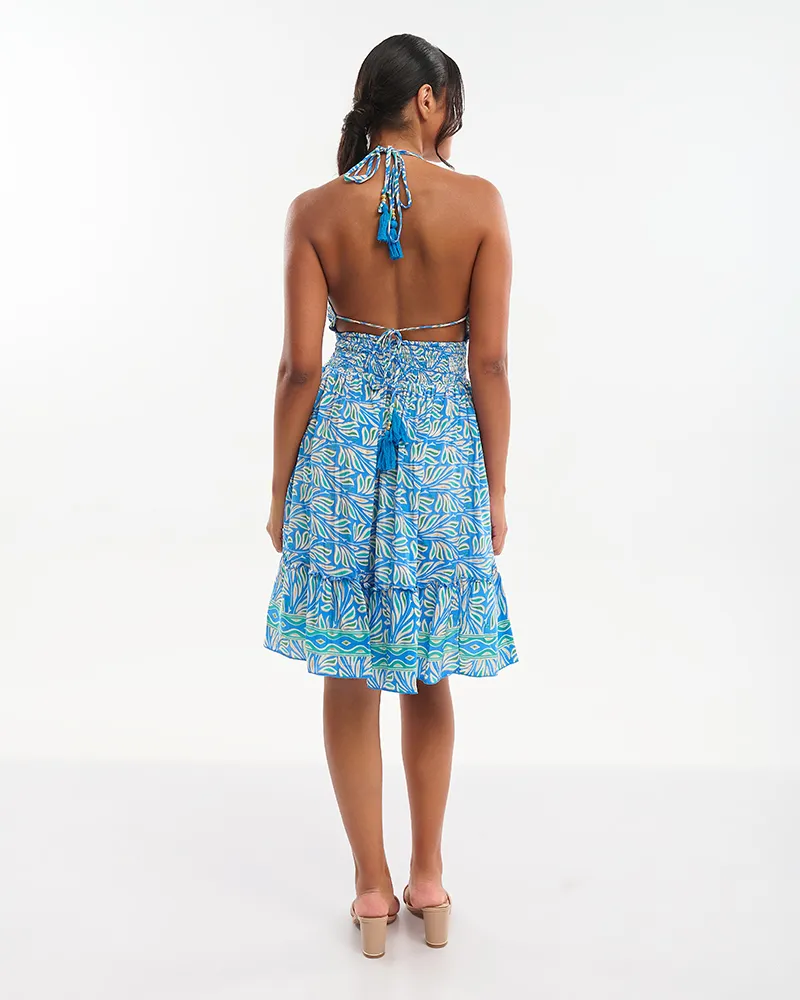 ΦΟΡΕΜΑ ΚΟΝΤΟ  ΜΠΛΕ/ΕΚΡΟΥ ΜΕ ΤΥΡΚΟΥΑΖ/ΠΡΑΣΙΝΕΣ ΛΕΠΤΟΜΕΡΕΙΕΣ ONE SIZE (70% SILK 30% POLYESTER)