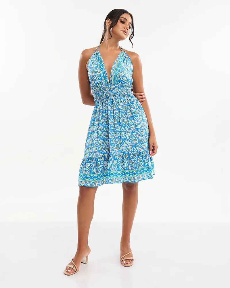 ΦΟΡΕΜΑ ΚΟΝΤΟ  ΜΠΛΕ/ΕΚΡΟΥ ΜΕ ΤΥΡΚΟΥΑΖ/ΠΡΑΣΙΝΕΣ ΛΕΠΤΟΜΕΡΕΙΕΣ ONE SIZE (70% SILK 30% POLYESTER)