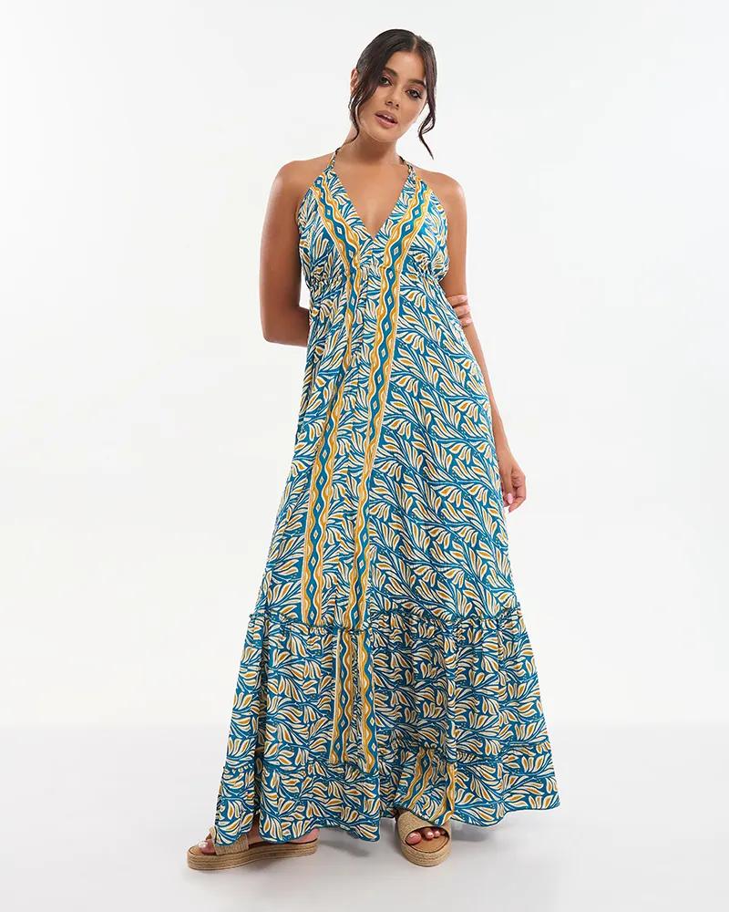 ΦΟΡΕΜΑ ΜΑΚΡΥ ΚΙΤΡΙΝΟ/ΜΠΛΕ  ONE SIZE (70% SILK 30% POLYESTER)