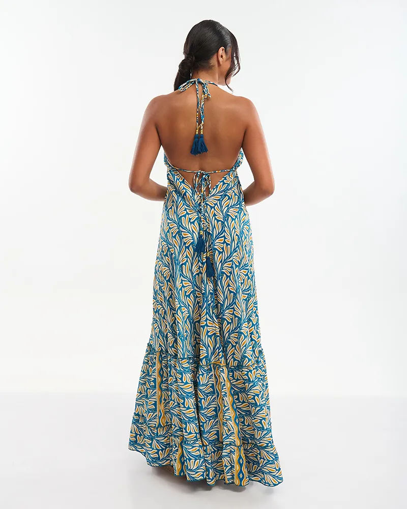 ΦΟΡΕΜΑ ΜΑΚΡΥ ΚΙΤΡΙΝΟ/ΜΠΛΕ  ONE SIZE (70% SILK 30% POLYESTER)