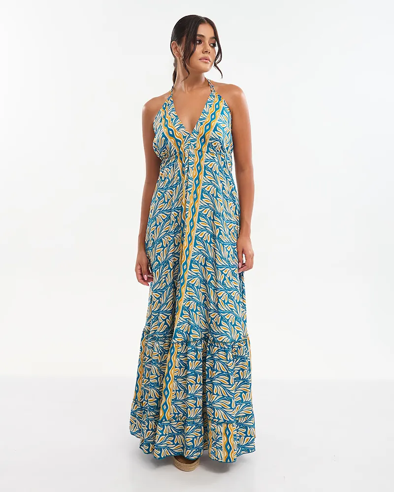 ΦΟΡΕΜΑ ΜΑΚΡΥ ΚΙΤΡΙΝΟ/ΜΠΛΕ  ONE SIZE (70% SILK 30% POLYESTER)