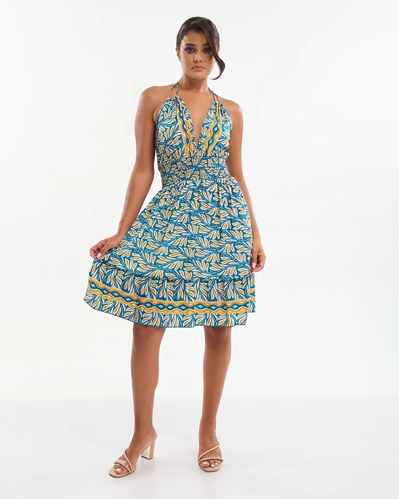 ΦΟΡΕΜΑ ΚΟΝΤΟ  ΚΙΤΡΙΝΟ/ΜΠΛΕ  ONE SIZE (70% SILK 30% POLYESTER)