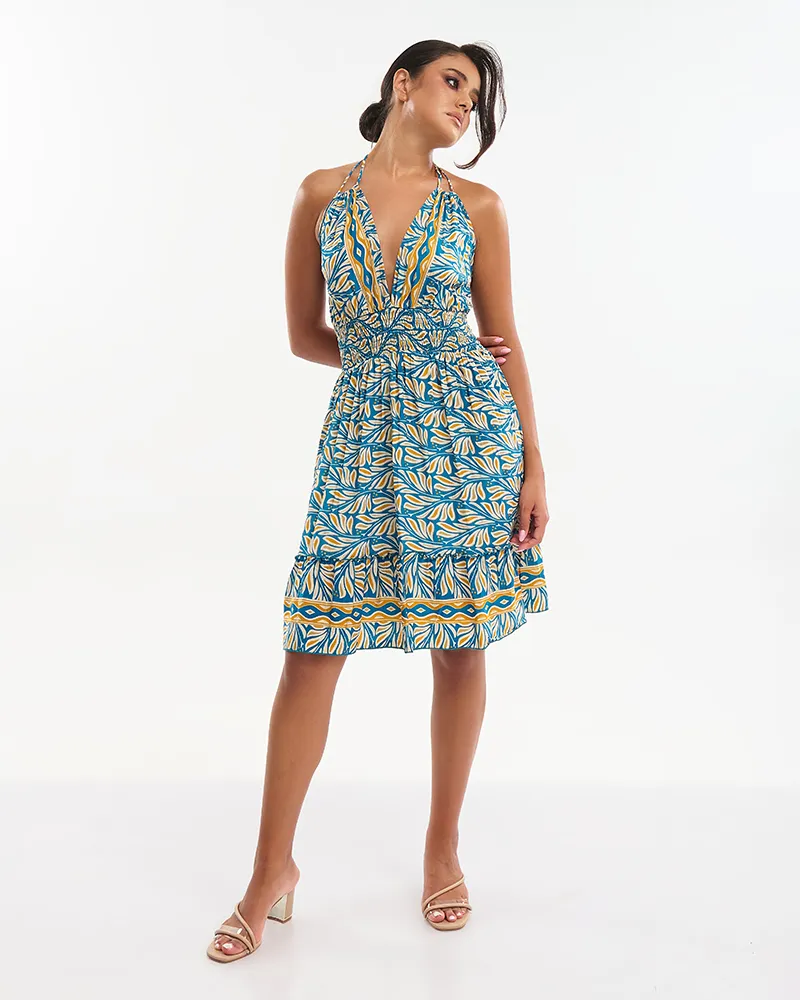 ΦΟΡΕΜΑ ΚΟΝΤΟ  ΚΙΤΡΙΝΟ/ΜΠΛΕ  ONE SIZE (70% SILK 30% POLYESTER)