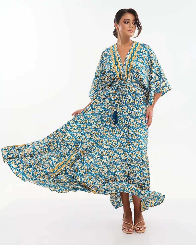 ΦΟΡΕΜΑ ΜΑΚΡΥ 3/4 ΚΙΤΡΙΝΟ/ΜΠΛΕ  ONE SIZE (70% SILK 30% POLYESTER)