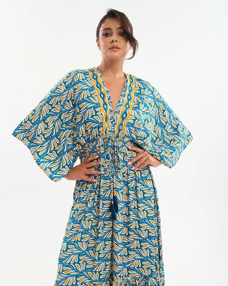 ΦΟΡΕΜΑ ΜΑΚΡΥ 3/4 ΚΙΤΡΙΝΟ/ΜΠΛΕ ONE SIZE (70% SILK 30% POLYESTER)