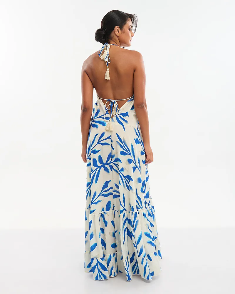 ΦΟΡΕΜΑ ΜΑΚΡΥ ΣΕ ΕΚΡΟΥ ΜΕ ΜΠΛΕ/ΧΡΥΣΕΣ ΛΕΠΤΟΜΕΡΕΙΕΣ ONE SIZE (70% SILK 30% POLYESTER)