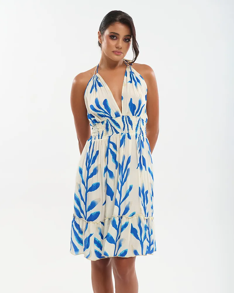 ΦΟΡΕΜΑ ΚΟΝΤΟ ΣΕ ΕΚΡΟΥ ΜΕ ΜΠΛΕ/ΧΡΥΣΕΣ ΛΕΠΤΟΜΕΡΕΙΕΣ ONE SIZE (70% SILK 30% POLYESTER)