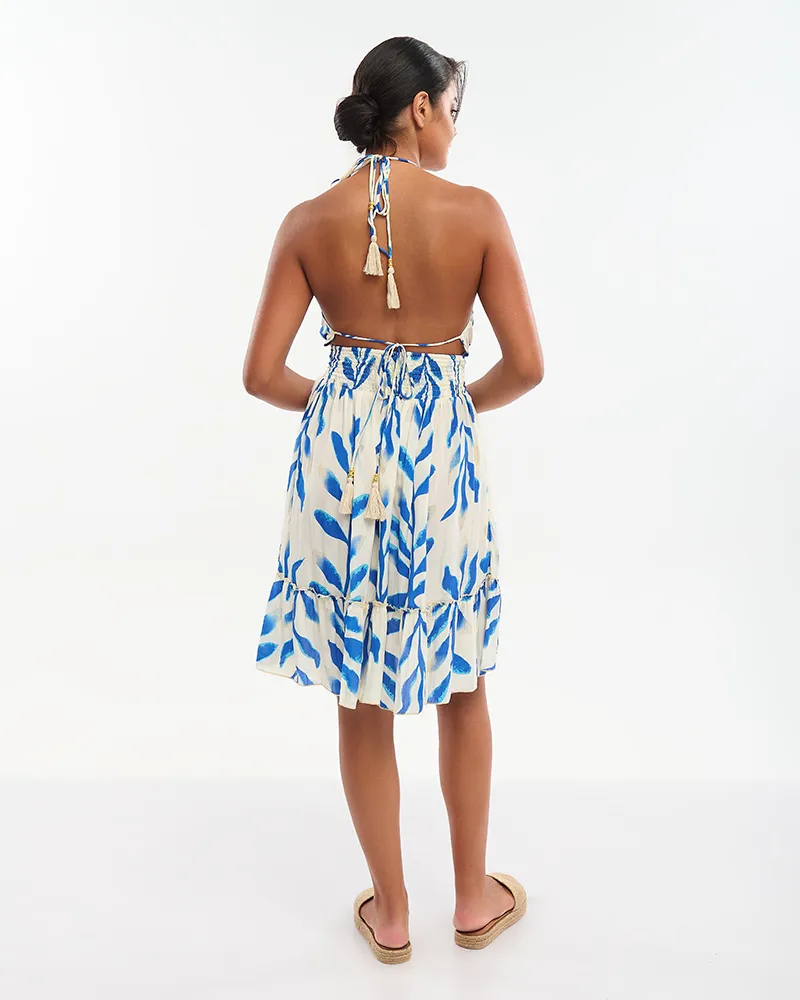 ΦΟΡΕΜΑ ΚΟΝΤΟ ΣΕ ΕΚΡΟΥ ΜΕ ΜΠΛΕ/ΧΡΥΣΕΣ ΛΕΠΤΟΜΕΡΕΙΕΣ ONE SIZE (70% SILK 30% POLYESTER)