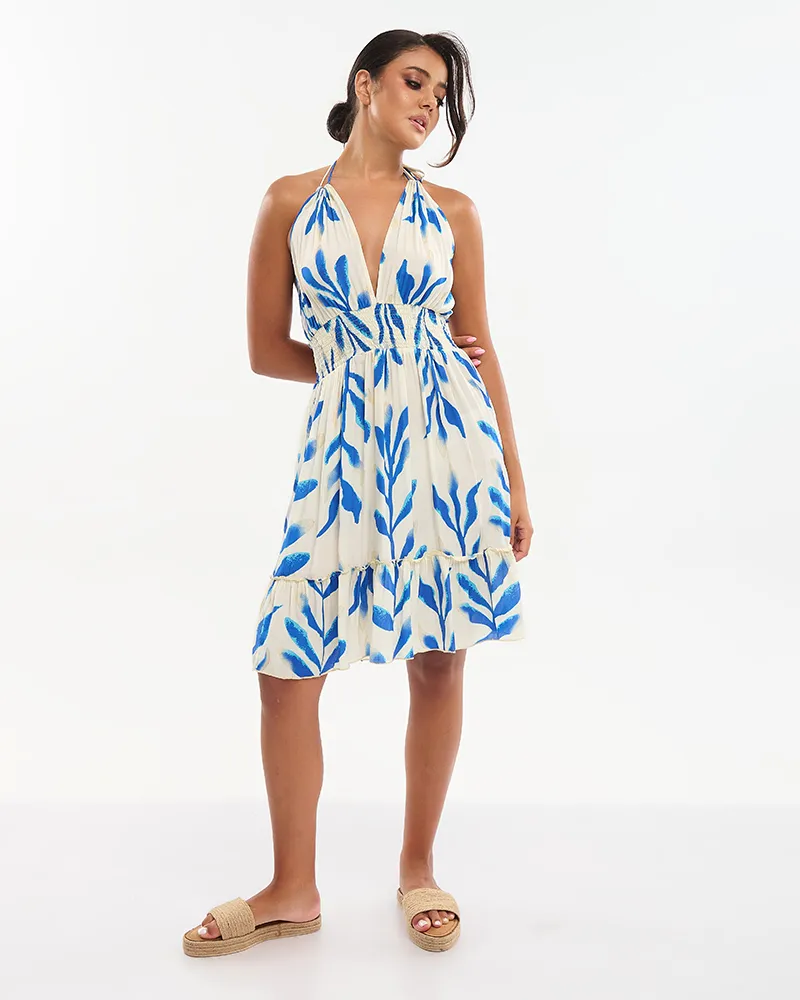 ΦΟΡΕΜΑ ΚΟΝΤΟ ΣΕ ΕΚΡΟΥ ΜΕ ΜΠΛΕ/ΧΡΥΣΕΣ ΛΕΠΤΟΜΕΡΕΙΕΣ ONE SIZE (70% SILK 30% POLYESTER)