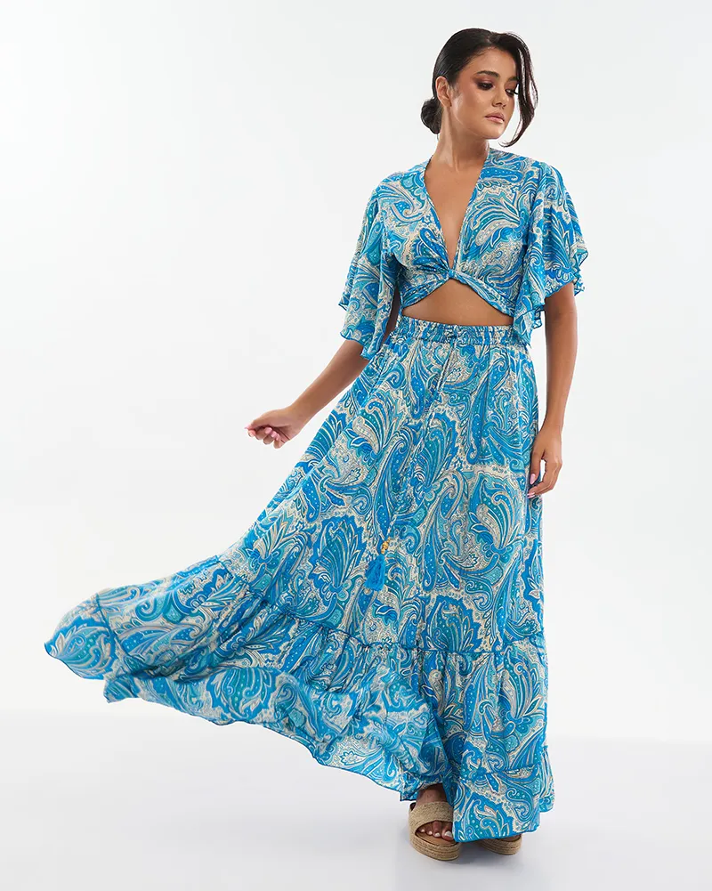 S/2 ΤΟΠ ΚΑΙ ΦΟΥΣΤΑ ΜΠΛΕ/ΧΡΥΣΟ ΜΕ ΣΧΕΔΙΑ ONE SIZE (70% SILK 30% POLYESTER)