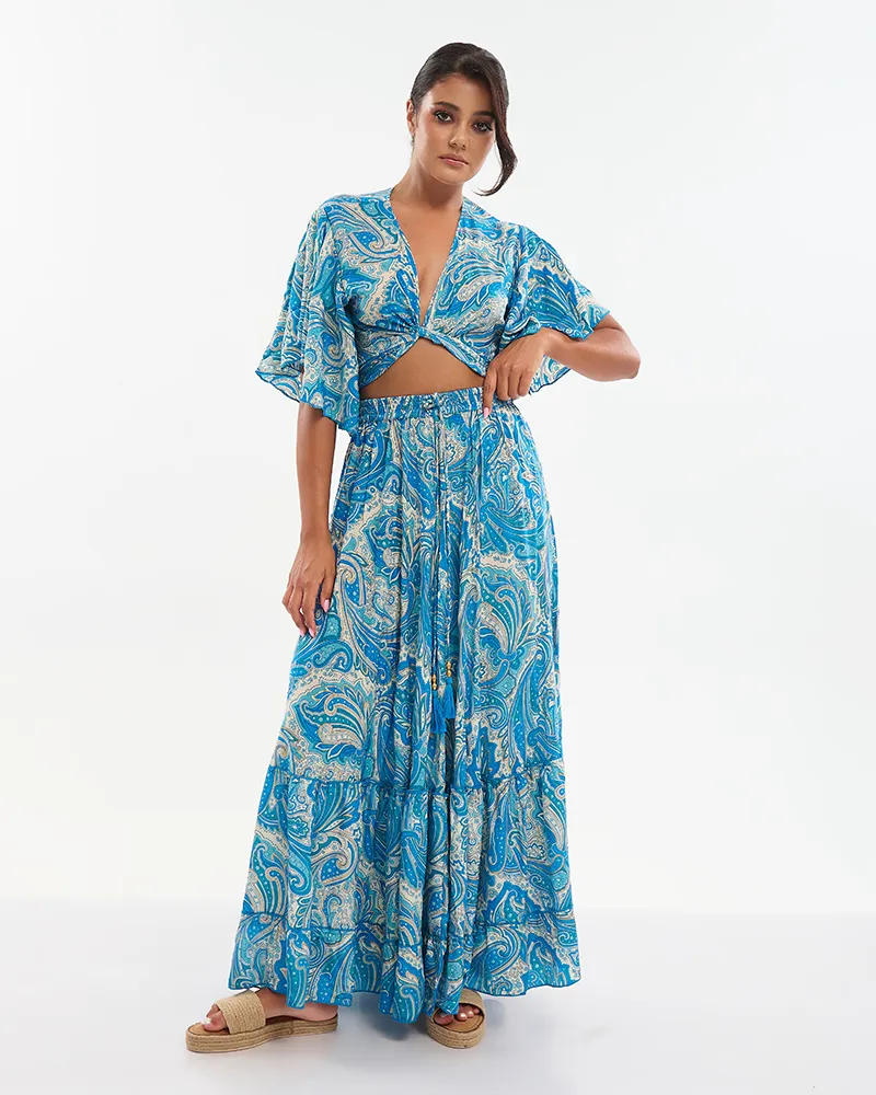 S/2 ΤΟΠ ΚΑΙ ΦΟΥΣΤΑ ΜΠΛΕ/ΧΡΥΣΟ ΜΕ ΣΧΕΔΙΑ ONE SIZE (70% SILK 30% POLYESTER)