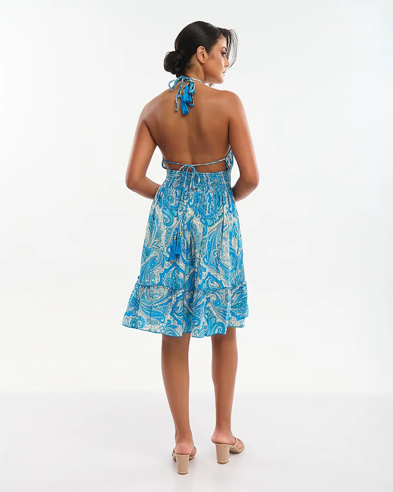 ΦΟΡΕΜΑ ΚΟΝΤΟ ΜΠΛΕ/ΧΡΥΣΟ ΜΕ ΣΧΕΔΙΑ ONE SIZE (70% SILK 30% POLYESTER)