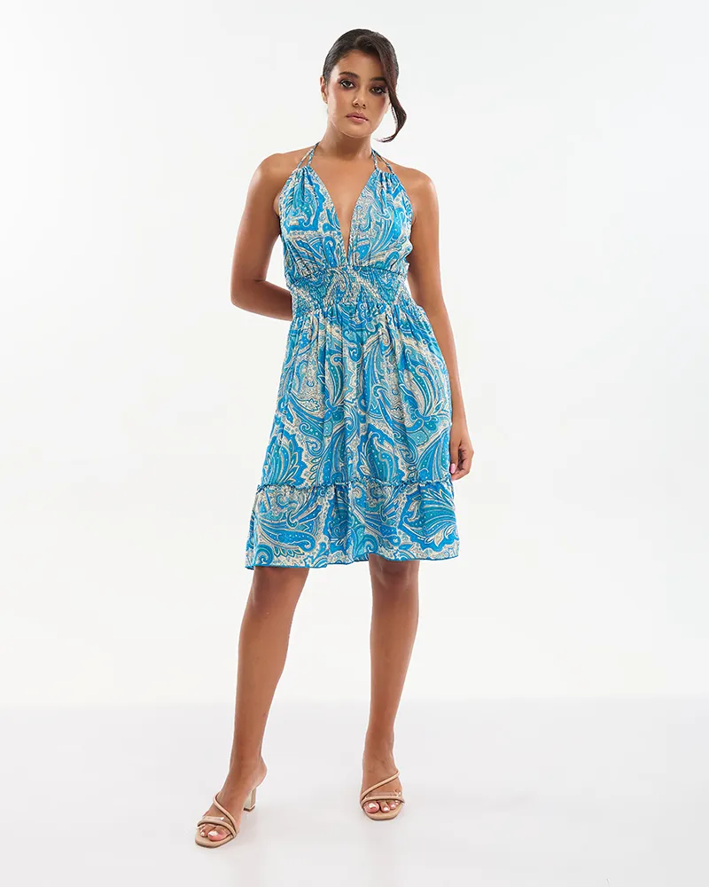 ΦΟΡΕΜΑ ΚΟΝΤΟ ΜΠΛΕ/ΧΡΥΣΟ ΜΕ ΣΧΕΔΙΑ ONE SIZE (70% SILK 30% POLYESTER)