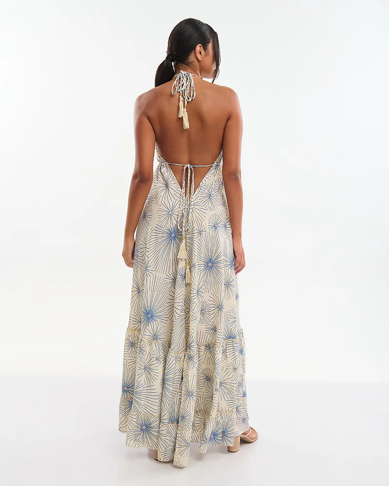 ΦΟΡΕΜΑ ΜΑΚΡΥ ΕΚΡΟΥ ΜΕ ΧΡΥΣΑ/ΜΠΛΕ ΛΟΥΛΟΥΔΙΑ (70% SILK 30% POLYESTER)