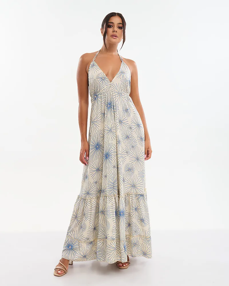 ΦΟΡΕΜΑ ΜΑΚΡΥ ΕΚΡΟΥ ΜΕ ΧΡΥΣΑ/ΜΠΛΕ ΛΟΥΛΟΥΔΙΑ (70% SILK 30% POLYESTER)