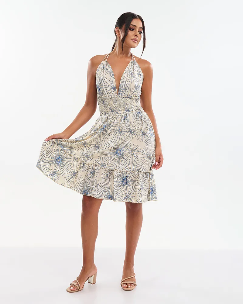 ΦΟΡΕΜΑ ΚΟΝΤΟ ΕΚΡΟΥ ΜΕ ΧΡΥΣΑ/ΜΠΛΕ ΛΟΥΛΟΥΔΙΑ (70% SILK 30% POLYESTER)