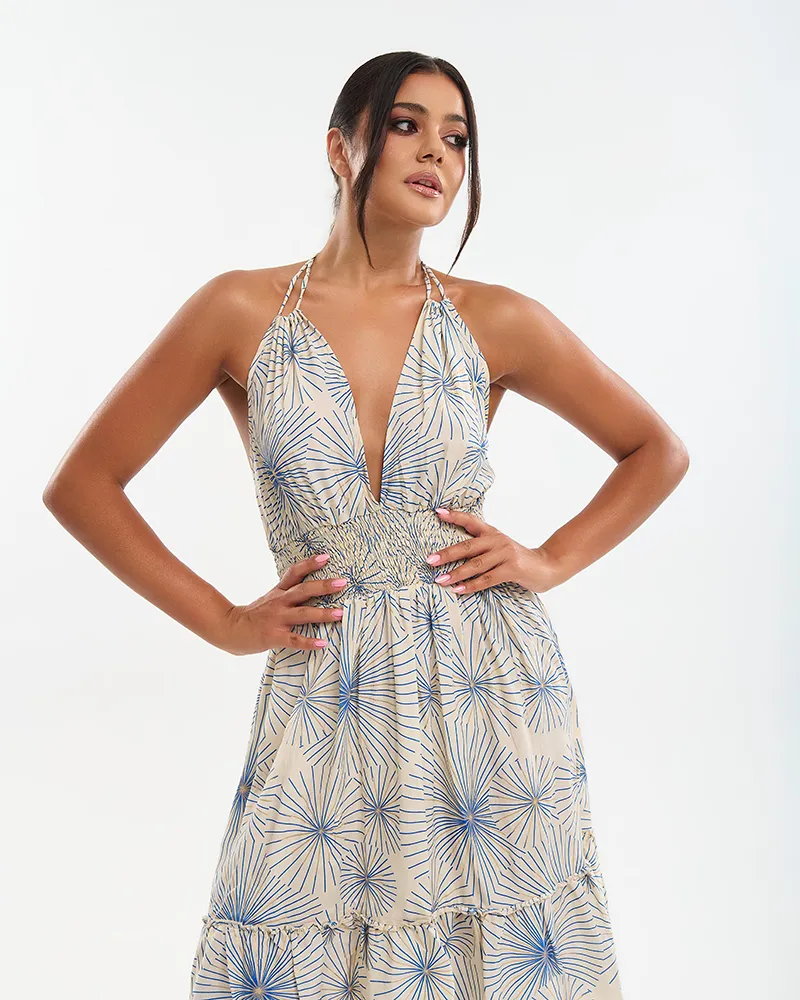 ΦΟΡΕΜΑ ΚΟΝΤΟ ΕΚΡΟΥ ΜΕ ΧΡΥΣΑ/ΜΠΛΕ ΛΟΥΛΟΥΔΙΑ (70% SILK 30% POLYESTER)