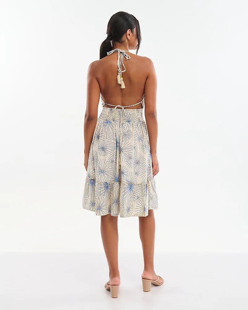 ΦΟΡΕΜΑ ΚΟΝΤΟ ΕΚΡΟΥ ΜΕ ΧΡΥΣΑ/ΜΠΛΕ ΛΟΥΛΟΥΔΙΑ (70% SILK 30% POLYESTER)